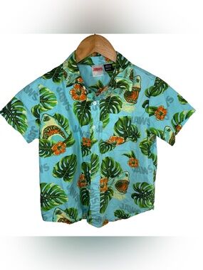 Jaws Kids' Tropical Button-Up Shirt - Aqua with Green & Orange Print
